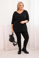 Bluzka damska bawełniana Plus Size z dekoltem V i podwijanym rękawem czarna