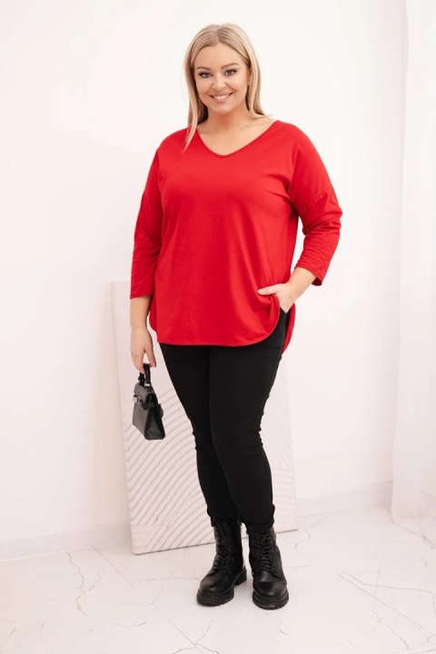 Bluzka damska bawełniana Plus Size z dekoltem V i podwijanym rękawem czerwona