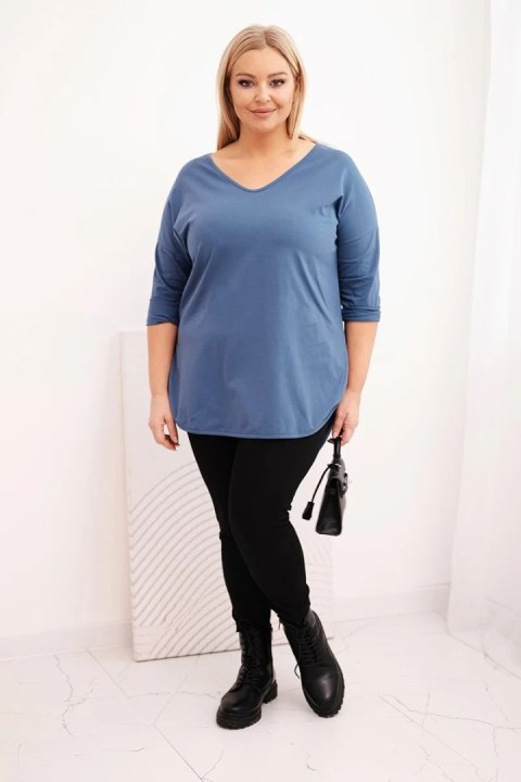 Bluzka damska bawełniana Plus Size z dekoltem V i podwijanym rękawem jeansowa