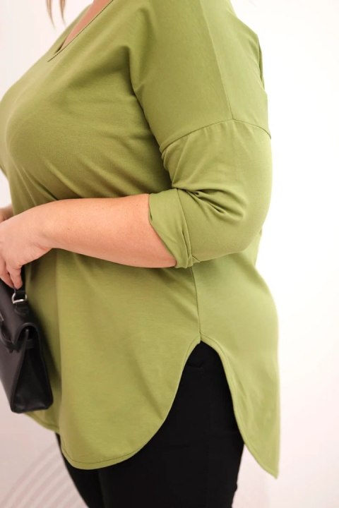 Bluzka damska bawełniana Plus Size z dekoltem V i podwijanym rękawem oliwkowa