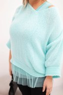 Komplet damski sweter z dekoltem V i bluzka wiskozowa z koronkowym dołem miętowy