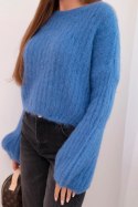 Sweter damski z moheru z bufiastymi rękawami ciemny jeansowy