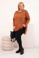 Bluzka damska Plus Size asymetryczna z długim rękawem ciemno camelowa