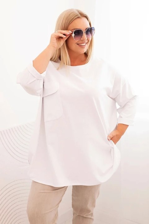 Bluzka damska Plus Size z bawełną z kieszenią i rękawem podwijanym biała