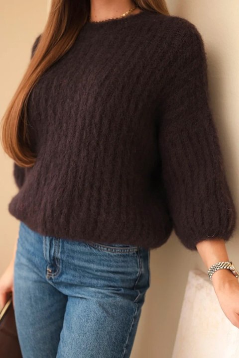 Sweter damski z moheru z rękawem 3/4 brązowy