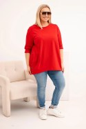 Bluzka damska Plus Size z bawełny z ozdobnymi guzikami i podwijanymi rękawami czerwona