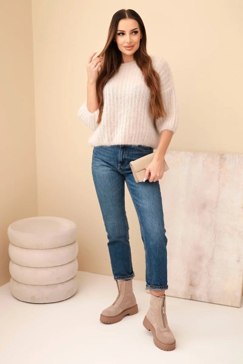 Sweter damski z moheru z krótkim rękawem beżowy