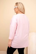 Bluzka damska Plus Size bawełniana z podwijanym rękawem i lampasem w panterkę cukierkowy róż