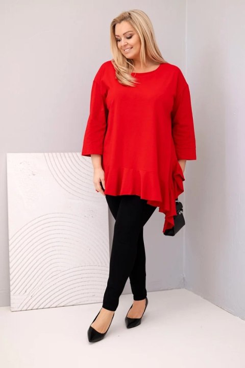Bluzka damska Plus Size z bawełną z falbaną i rękawem podwijanym czerwona
