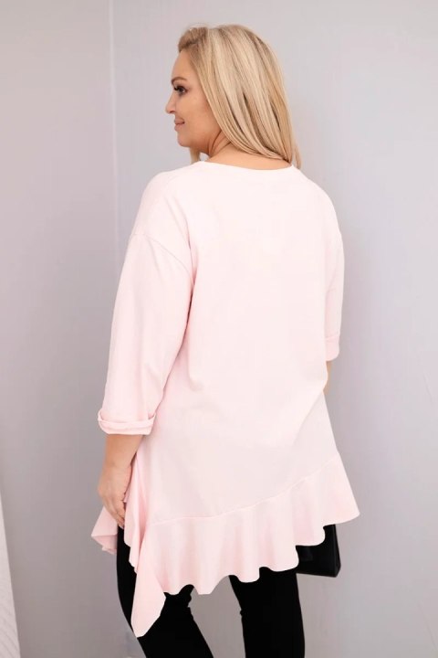 Bluzka damska Plus Size z bawełną z falbaną i rękawem podwijanym pudrowy róż