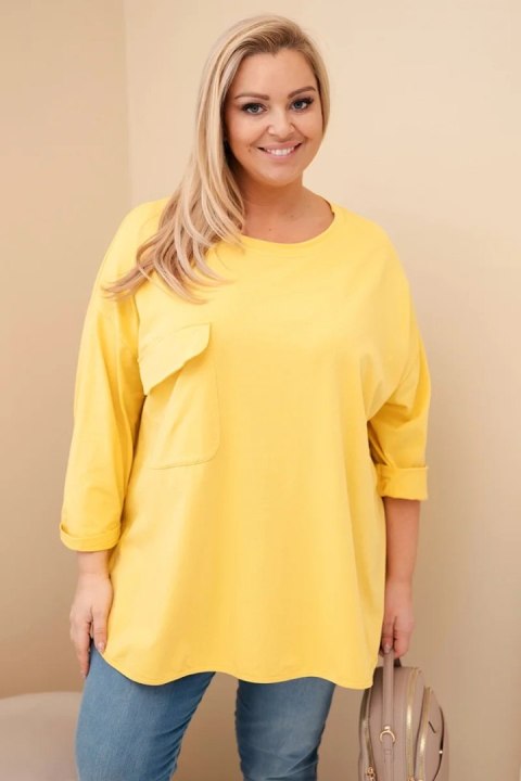 Bluzka damska Plus Size z bawełną z kieszenią i rękawem podwijanym żółta