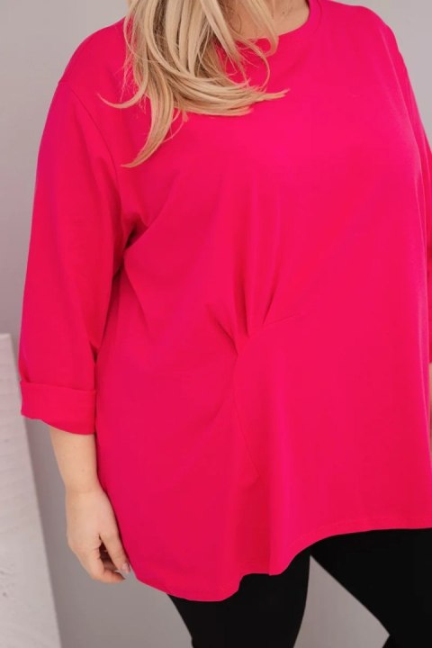Bluzka damska plus size z bawełną z długim rękawem i marszczeniem fuksja