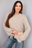Sweter damski z dodatkiem moheru z grubym splotem i ozdobnymi rękawami ciemno beżowy