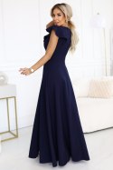 660-1 Elegancka sukienka maxi z falbankami, głębokim dekoltem i rozcięciem na nodze - granatowa