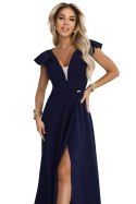 660-1 Elegancka sukienka maxi z falbankami, głębokim dekoltem i rozcięciem na nodze - granatowa