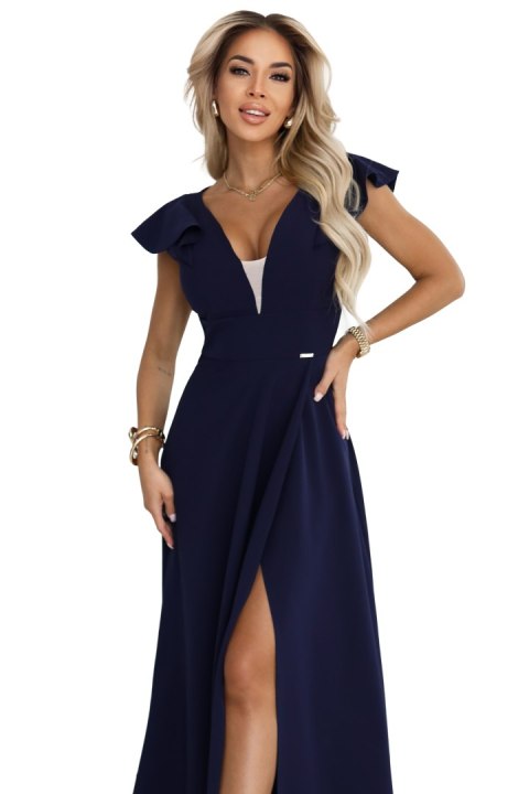 660-1 Elegancka sukienka maxi z falbankami, głębokim dekoltem i rozcięciem na nodze - granatowa