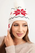 Czapka damska zimowa wełniana z motywem śnieżynki i pomponem K450 biała + czerwona