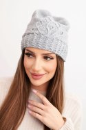 Czapka damska zimowa z wełną zdobiona cekinami i splotem K473 szara