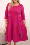 Sukienka damska bawełniana Plus Size z falbanami i podwiniętym rękawem fuksja