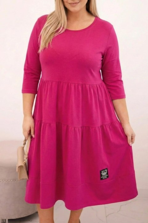 Sukienka damska bawełniana Plus Size z falbanami i podwiniętym rękawem fuksja