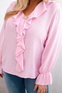 Bluzka damska wiskozowa Plus Size z falbaną i ozdobną broszką cukierkowy róż