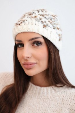 Czapka damska zimowa w kolorowe wzory z grubym ściągaczem K353 ecru+szary