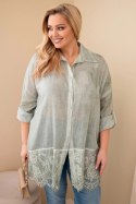 Koszula damska Plus Size bawełniana przecierana z koronkowym wykończeniem khaki