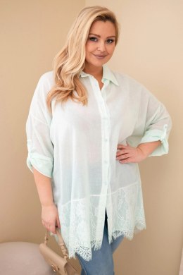 Koszula damska Plus Size bawełniana przecierana z koronkowym wykończeniem miętowa