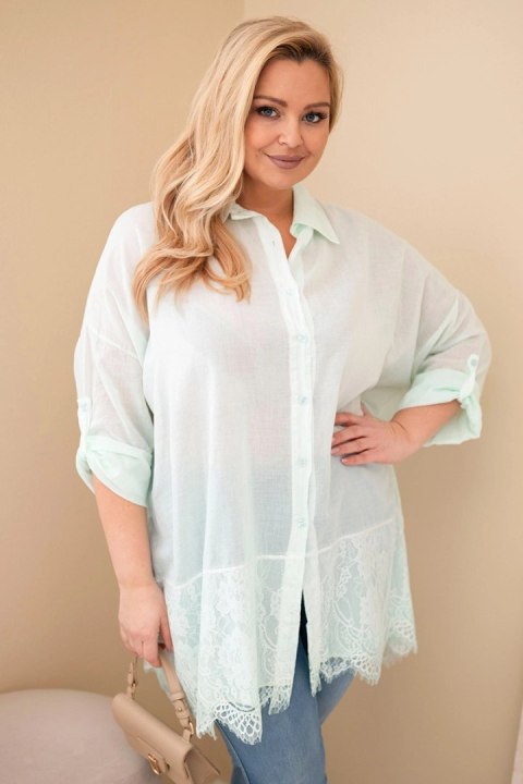 Koszula damska Plus Size bawełniana przecierana z koronkowym wykończeniem miętowa