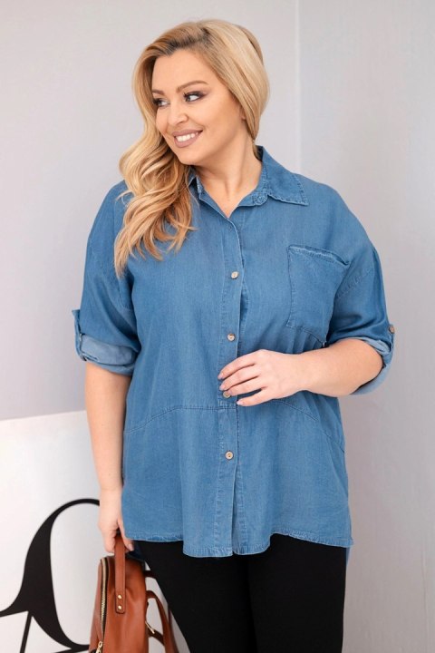 Koszula damska Plus Size z lyocellu z przedłużanym tyłem i rękawem na guzik jeansowa