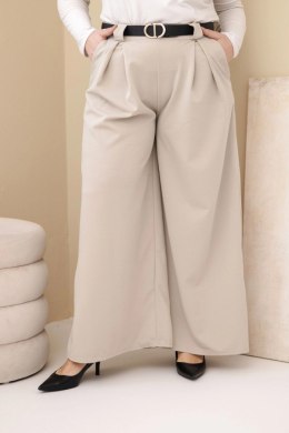 Spodnie damskie Plus Size wiskozowe z szeroką nogawką i paskiem beżowe