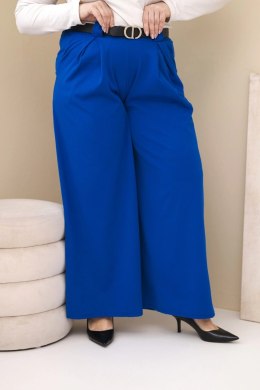 Spodnie damskie Plus Size wiskozowe z szeroką nogawką i paskiem chabrowe