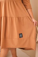 Sukienka damska bawełniana Plus Size z falbanami i podwiniętym rękawem camelowa