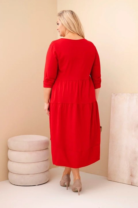 Sukienka damska bawełniana Plus Size z falbanami i podwiniętym rękawem czerwona