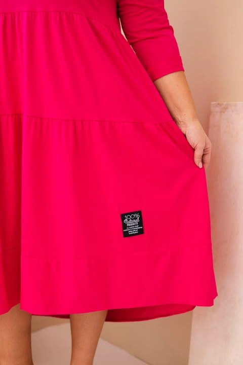 Sukienka damska bawełniana Plus Size z falbanami i podwiniętym rękawem fuksja