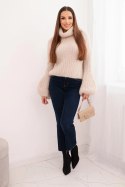 Sweter damski z moheru z bufiastymi rękawami i golfem beżowy