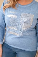 Bluzka damska Plus Size przecierana z nadrukiem i dłuższym tyłem jeansowa