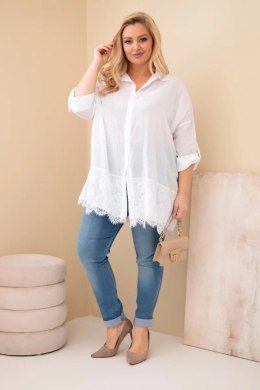 Koszula damska Plus Size bawełniana przecierana z koronkowym wykończeniem biała