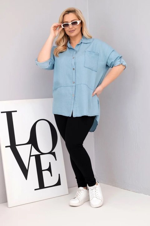 Koszula damska Plus Size z lyocellu z przedłużanym tyłem i rękawem na guzik jasno jeansowa