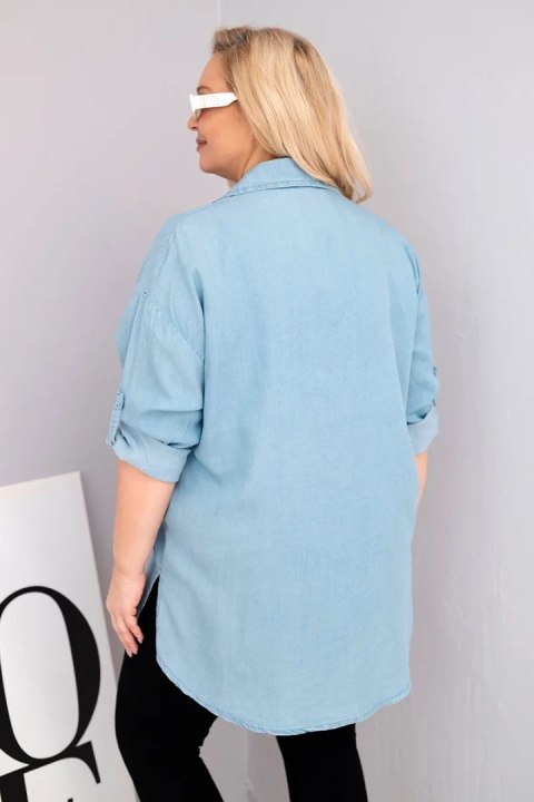 Koszula damska Plus Size z lyocellu z przedłużanym tyłem i rękawem na guzik jasno jeansowa