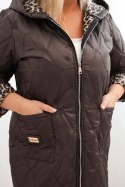 Kurtka damska zimowa pikowana Plus Size z podszewką w panterkę i kapturem brązowa