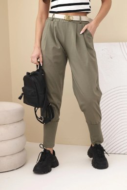 Spodnie damskie bawełniane z wysokim stanem i paskiem khaki