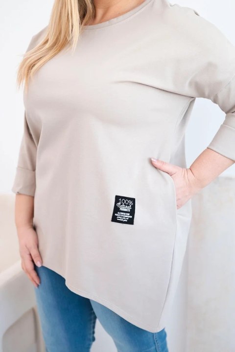 Bluzka damska Plus Size z dłuższym tyłem i długim rękawem ciemno beżowa