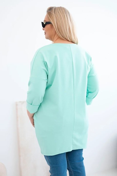 Bluzka damska Plus Size z dłuższym tyłem i długim rękawem miętowa