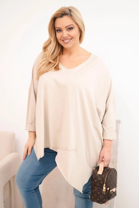 Bluzka damska bawełniana Plus Size z asymetrycznym dołem i dekoltem V beżowa