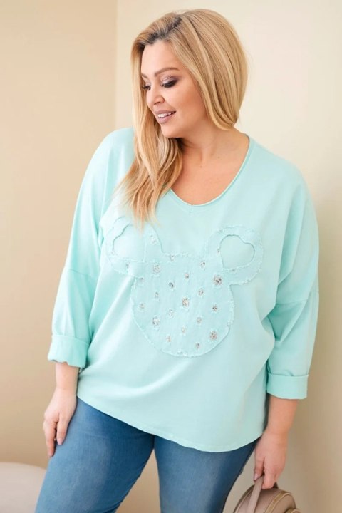 Bluzka damska bawełniana Plus Size z dekoltem V miętowa