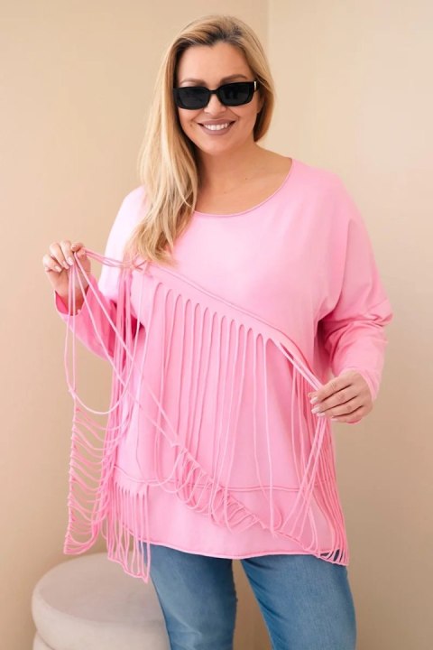 Bluzka damska bawełniana Plus Size z frędzlami jasno różowa