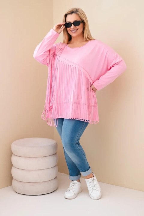 Bluzka damska bawełniana Plus Size z frędzlami jasno różowa