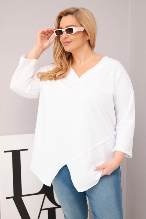 Bluzka damska bawełniana Plus Size z głębokim dekoltem V i asymetrycznym dołem biała