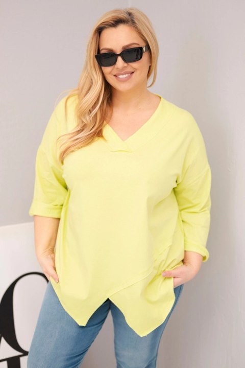 Bluzka damska bawełniana Plus Size z głębokim dekoltem V i asymetrycznym dołem żółty neon
